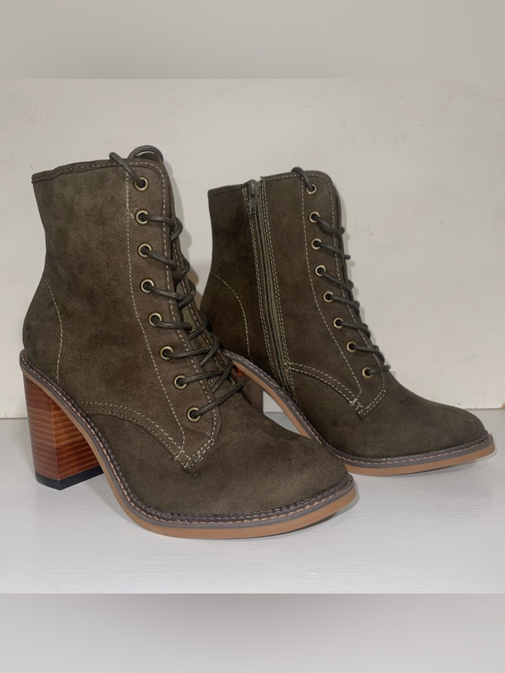 Steve Madden Olive Suede Lace-Up Block Heel Ankle Boots